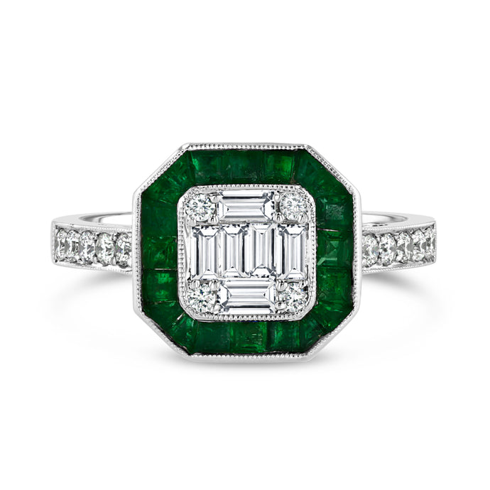 Art Deco Square Ring with Emerald Halo - Best & Co.